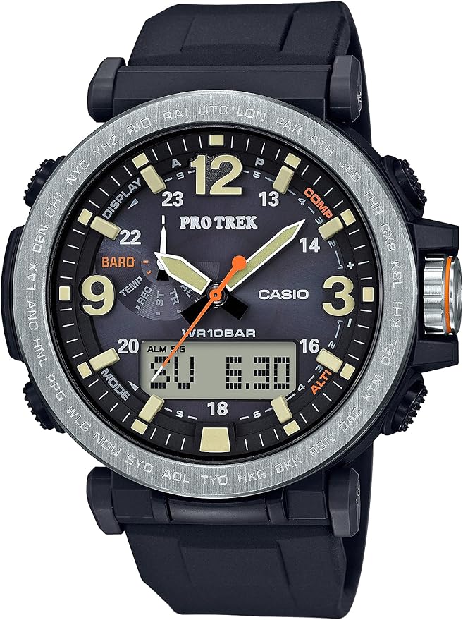 カシオ メンズ PRO TREK ステンレススチール 日本製クォーツウォッチ 樹脂ストラップ付き ブラック